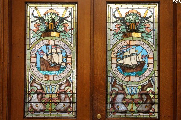 Stained glass window with colonist ships Mayflower (Plymouth) & Arbella (Salem) at Massachusetts State House. Boston, MA.