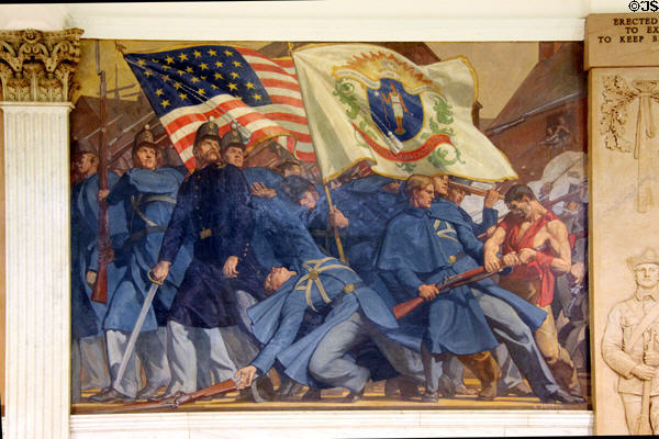 Mural of a Massachusetts Civil War troops marching on Baltimore (April 19, 1861) at Massachusetts State House. Boston, MA.
