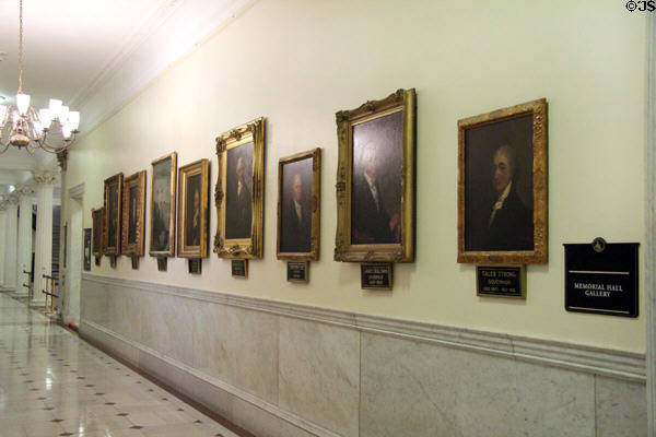 Hallway with portraits of governors at Massachusetts State House. Boston, MA.