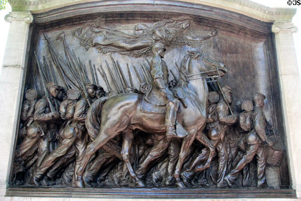 Robert Gould Shaw Memorial sculpture (1897) by Augustus Saint-Gaudens honors Civil War black 54th Regiment opposite Massachusetts State House. Boston, MA.
