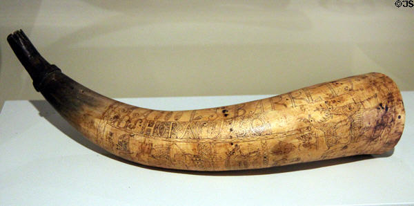 Powder horn (c1750) from Massachusetts at Concord Museum. Concord, MA.
