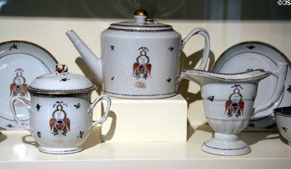 Porcelain tea service (c1790) from China with shields of Society of the Cincinnati at Concord Museum. Concord, MA.