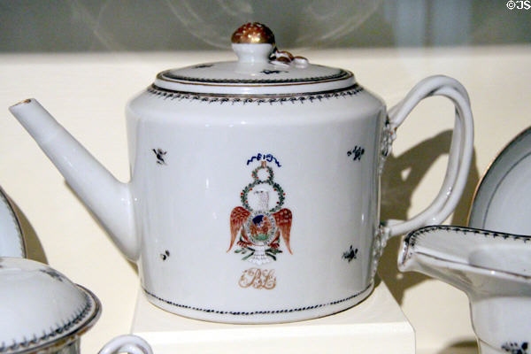Porcelain tea pot (c1790) from China with shield of Society of the Cincinnati at Concord Museum. Concord, MA.