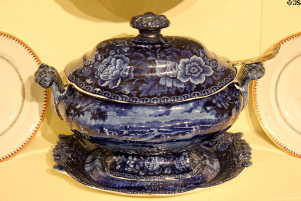 Covered earthenware soup tureen (c1825) from Staffordshire, England at Concord Museum. Concord, MA.