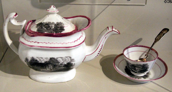 Teapot & cup of earthenware with pink-luster glaze (late 19thC) from England at Concord Museum. Concord, MA.