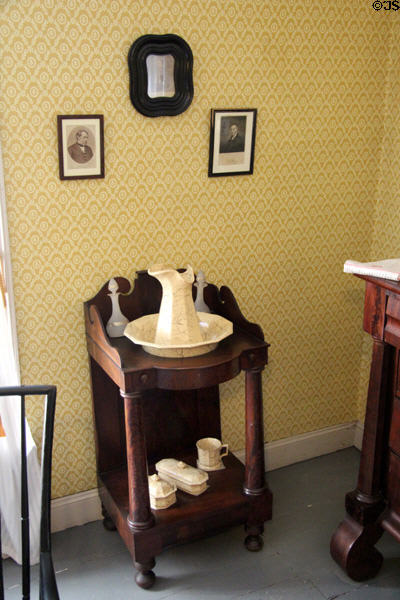 Washstand, pitcher & basin in Alcott parents' bedroom at Orchard House. Concord, MA.