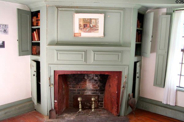 Parlor fireplace with built-in cupboards at Rev. John Hale House. Beverly, MA.