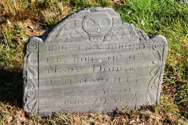 Tombstone with deathead (1750) in Beverly First Baptist Church graveyard. Beverly, MA.