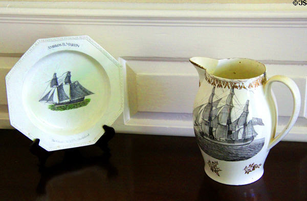 Commemorative schooner plate & pitcher at Jeremiah Lee Mansion. Marblehead, MA.