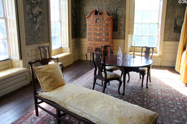 Chaise longue, high chest & table & chairs in bedroom at Jeremiah Lee Mansion. Marblehead, MA.