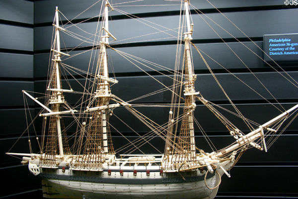 Model of USS Philadelphia, a 1799 American 36-gun frigate at Naval Academy Museum. Annapolis, MD.