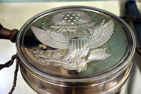 Silver skippet containing seal of the U.S. carried by Commodore Matthew G. Perry on diplomtic missions at Naval Academy Museum. Annapolis, MD.