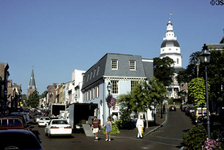 Looking up Main St. to St. Anne's Church & up Francis St. to State Capitol. Annapolis, MD.