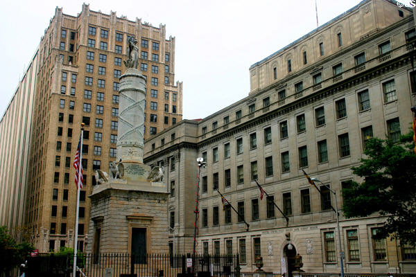 Court Square Building (1927) (18 floors) & Post Office (1932) by James A. Wetmore behind 1815 Battle Monument. Baltimore, MD.