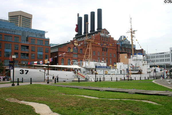 US Coast Guard Cutter Taney part of Baltimore Maritime Museum against Power Plant. Baltimore, MD.