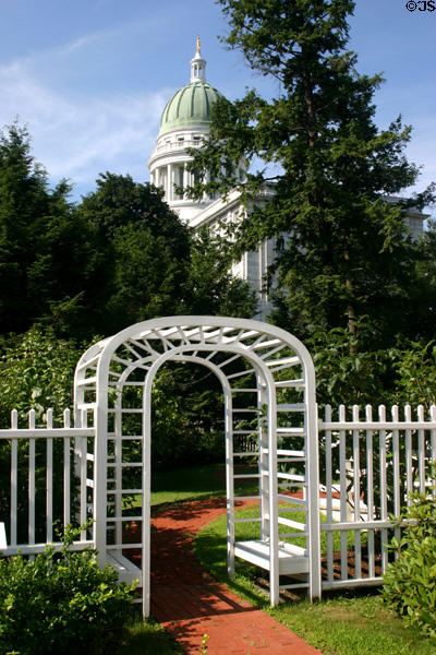 Maine's capitol building seen from the governor's garden. Augusta, ME.