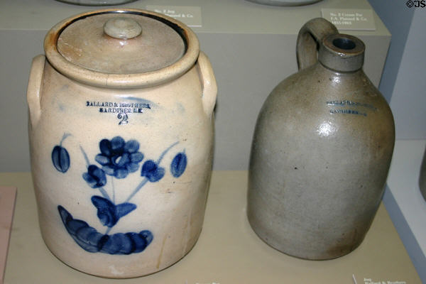Ceramic containers (1854-5) (cream pot & jug) by Ballard & Brothers, Gardener, ME, in Maine State Museum. Augusta, ME.