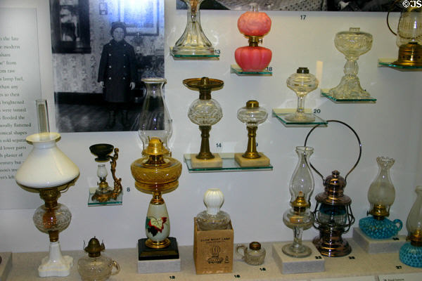 Collection of glass oil lamps in Maine State Museum. Augusta, ME.