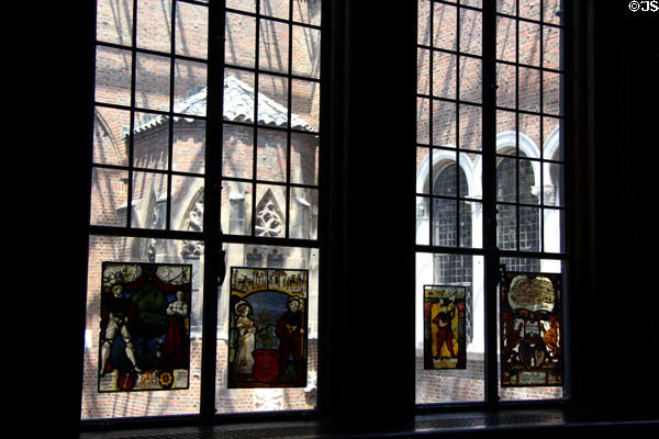 Stained glass windows overlook courtyard at Detroit Institute of Arts. Detroit, MI.
