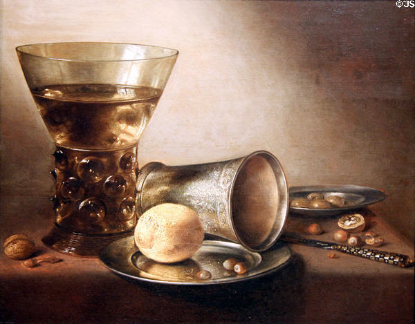 Still Life with Flared Drinking Glass painting (1644) by Pieter Claesz at Detroit Institute of Arts. Detroit, MI.