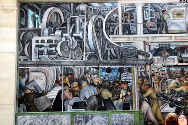 Machinery over final car assembly on south wall of Detroit Industry Murals by Diego Rivera at Detroit Institute of Arts. Detroit, MI.