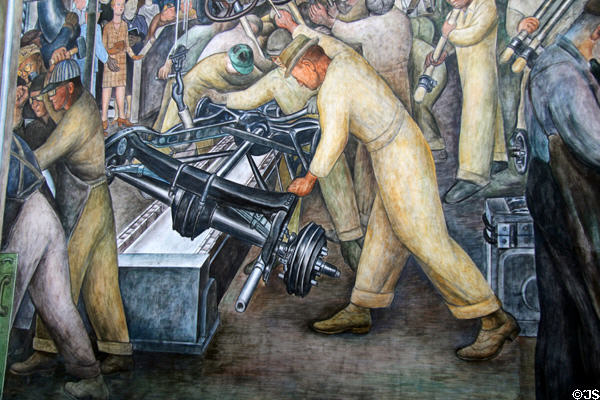 Moving undercarriage into position on south wall of Detroit Industry Murals by Diego Rivera at Detroit Institute of Arts. Detroit, MI.