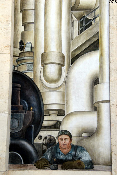 Worker in front of plant equipment on west wall of Detroit Industry Murals by Diego Rivera at Detroit Institute of Arts. Detroit, MI.