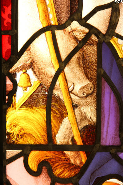 Detail of pig of St Anthony Abbot stained glass window from Stoke Poges, Buckinghamshire, England at Detroit Institute of Arts. Detroit, MI.