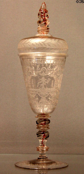 Covered engraved glass cup (c1720) from Bohemia at Detroit Institute of Arts. Detroit, MI.