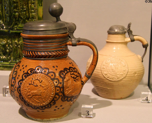 Saltglazed stoneware jugs (c1770 & 1580) from Germany at Detroit Institute of Arts. Detroit, MI.