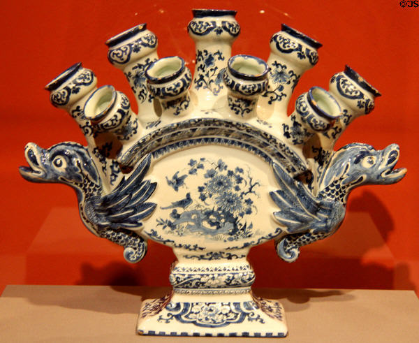 Tin-glazed earthenware vase with multiple necks & dragons (c1690) from De Grieksche A Factory of Delft, Netherlands at Detroit Institute of Arts. Detroit, MI.