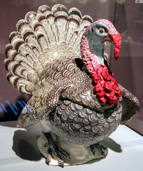 Tin-glazed earthenware turkey tureen (c1750) from Strasbourg Manuf., France at Detroit Institute of Arts. Detroit, MI.