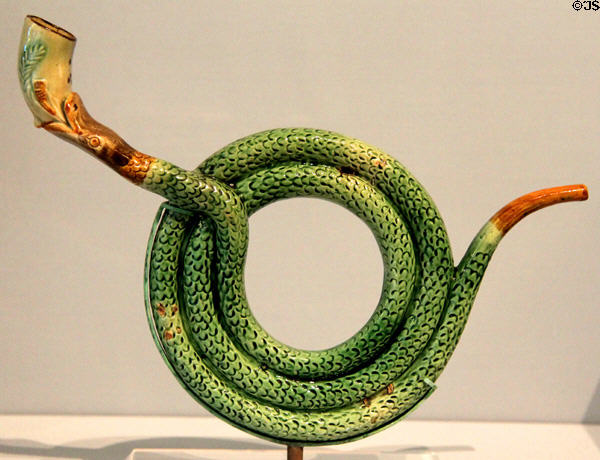 Lead-glazed creamware pipe in form of snake (c1770) from Staffordshire, England at Detroit Institute of Arts. Detroit, MI.