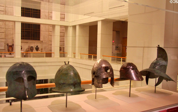 Collection of ancient Greek & Roman helmets (500 BCE-300 CE) at Detroit Institute of Arts. Detroit, MI.