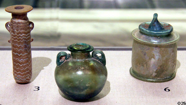 Glass Greek perfume flask (400s BCE), Roman bottle(100s), & Roman lidded box (1stC) at Detroit Institute of Arts. Detroit, MI.