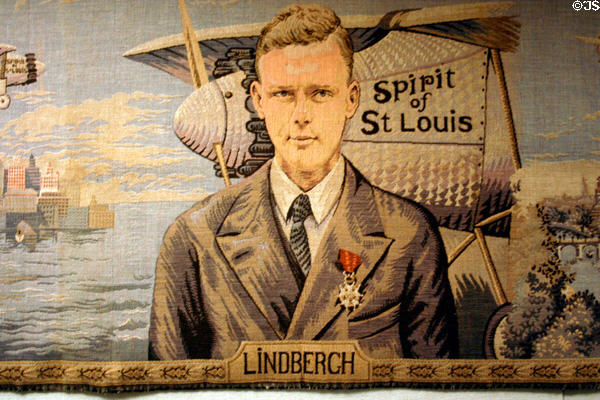 Tapestry of Charles Lindbergh & Spirit of St. Louis airplane after first flight New York to Paris of at Henry Ford Museum. Dearborn, MI.