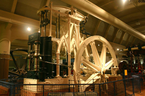 Stationary steam engine (c1855) with Gothic supporting arches at Henry Ford Museum. Dearborn, MI.