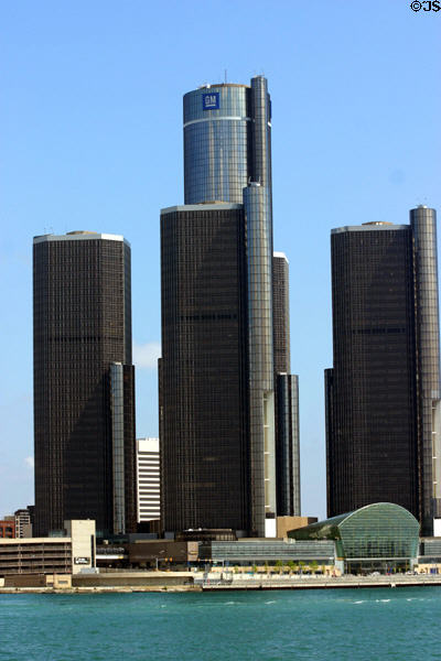Black glass towers of Renaissance Center. Detroit, MI.