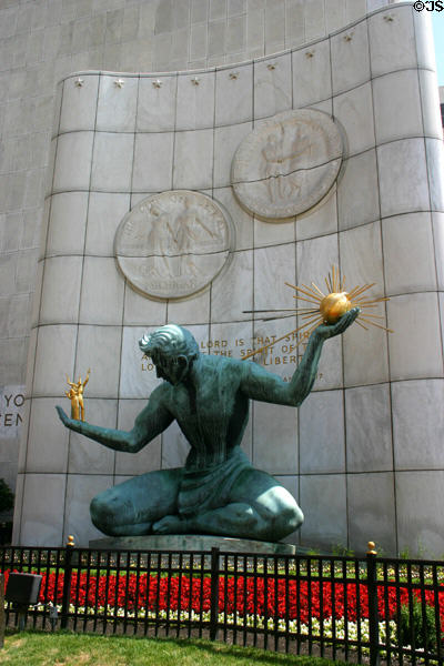 Spirit of Detroit sculpture (1958) by Marshall Fredericks on end of Coleman A. Young Municipal Center. Detroit, MI.