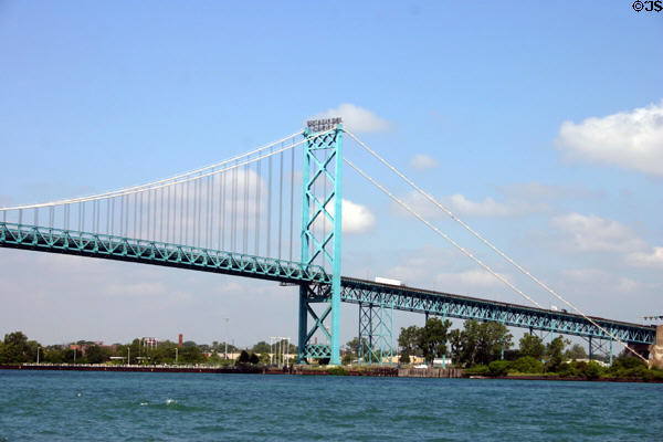 Suspension tower of Ambassador Bridge over Detroit River from Windsor to Detroit. MI.
