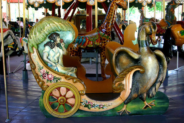 Duck pulling cart on Herschell-Spillman Carousel at Greenfield Village. Dearborn, MI.