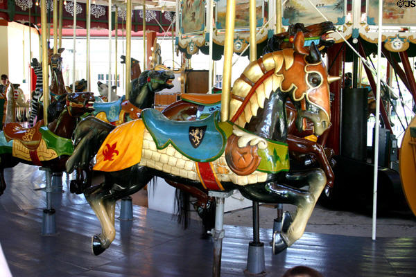 Horse in medieval armor on Herschell-Spillman Carousel at Greenfield Village. Dearborn, MI.