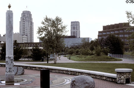 City skyline with Central National Bank (1933) & Heritage (1931) Towers. Battle Creek, MI.