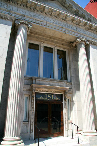 Neoclassical details of Kalamazoo Savings Bank (151 E. Michigan Ave.). Kalamazoo, MI.