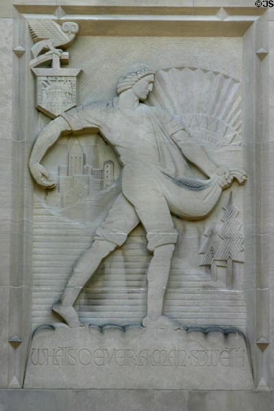 Art deco relief of Sower casting progress (1922) by Lee Lawrie on Beaumont Tower at Michigan State University. East Lansing, MI.