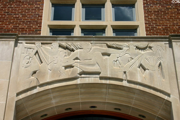 Art deco relief over MSU Union entrance at Michigan State University. East Lansing, MI.