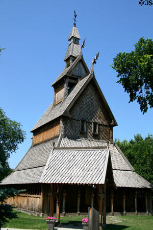 Oblique view of Hopperstad Stave Church replica at Heritage Hjemkomst Interpretive Center. Moorhead, MN.