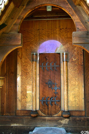Front door carvings of Hopperstad Stave Church replica at Heritage Hjemkomst Interpretive Center. Moorhead, MN.
