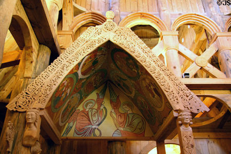 Painted canopy of pulpit in Hopperstad Stave Church replica at Heritage Hjemkomst Interpretive Center. Moorhead, MN.