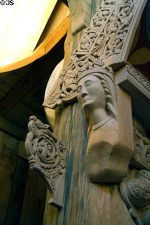 Carved queen in Hopperstad Stave Church replica at Heritage Hjemkomst Interpretive Center. Moorhead, MN.